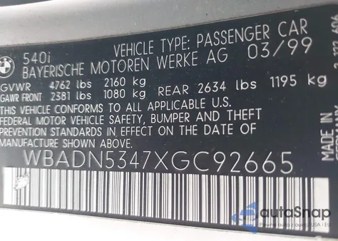 1999 BMW 540I z USA, uszkodzony, nr VIN WBADN5347XGC92665